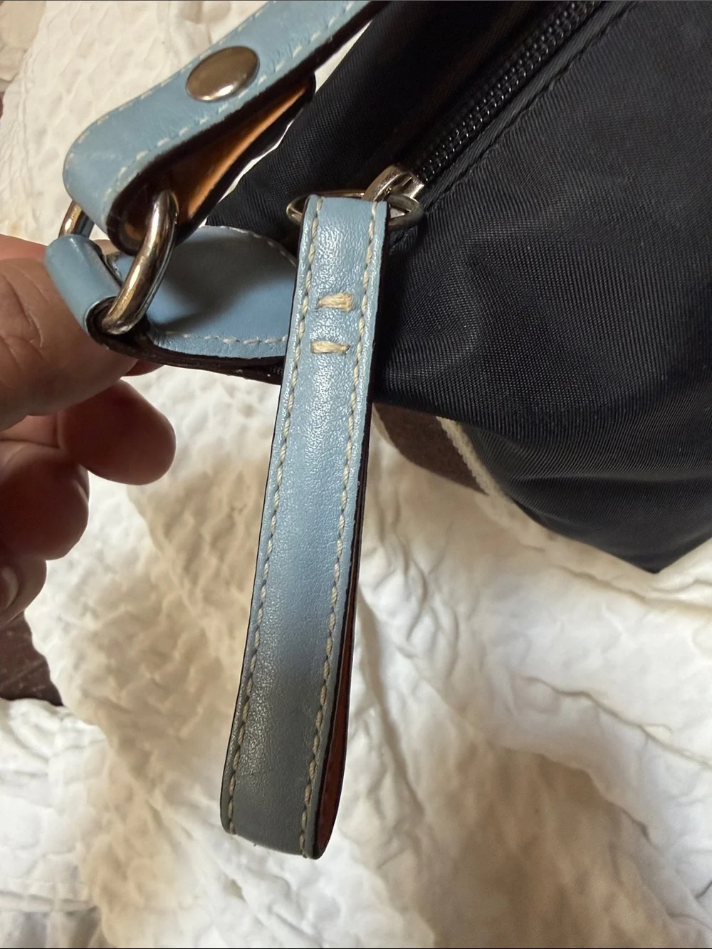 Vintage COACH Black Nylon Mini Bag with Light Blue Leather Trim
